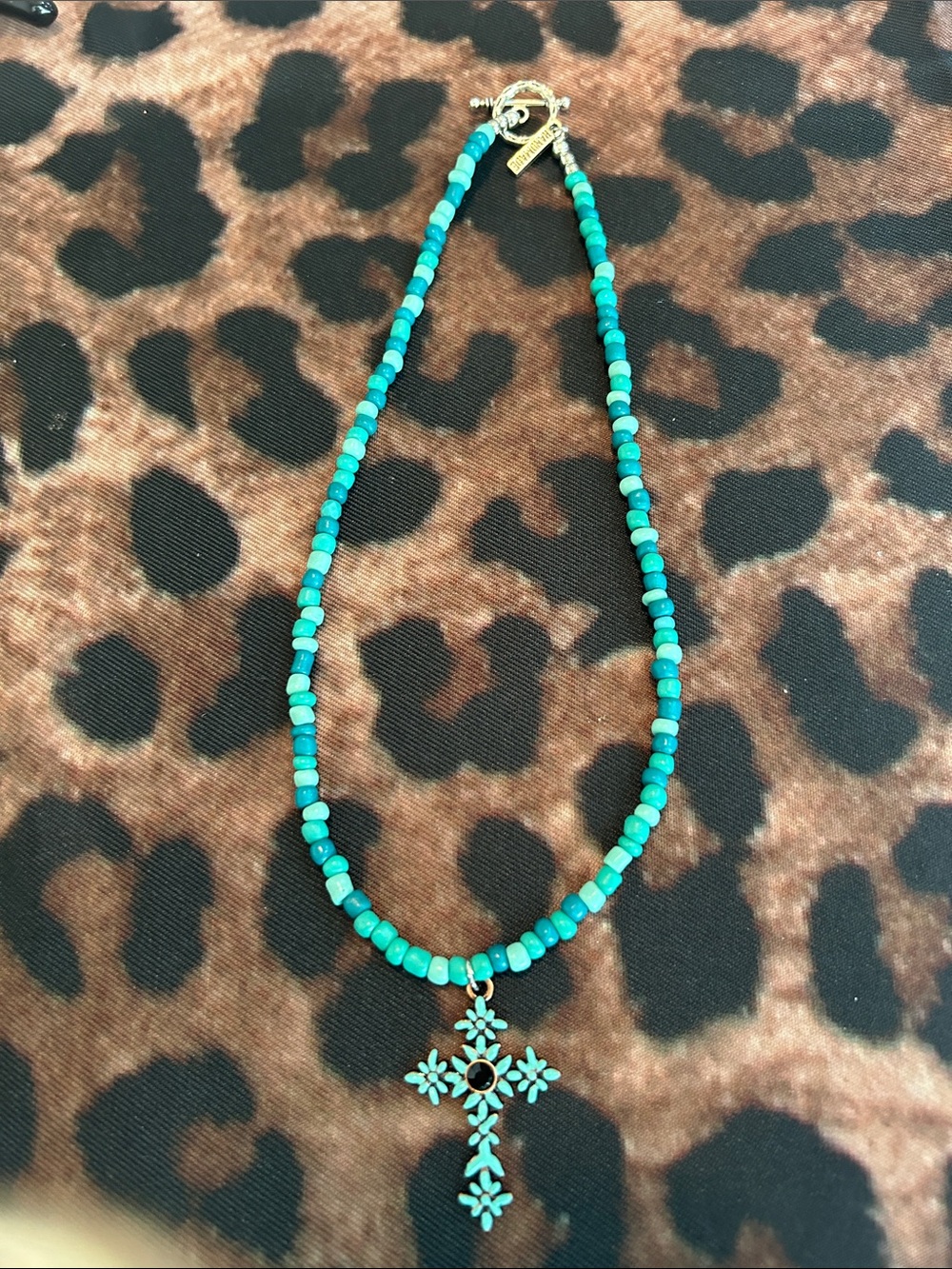 Handmade Turquoise Beaded Cross Pendant Necklace - Women's Jewelry